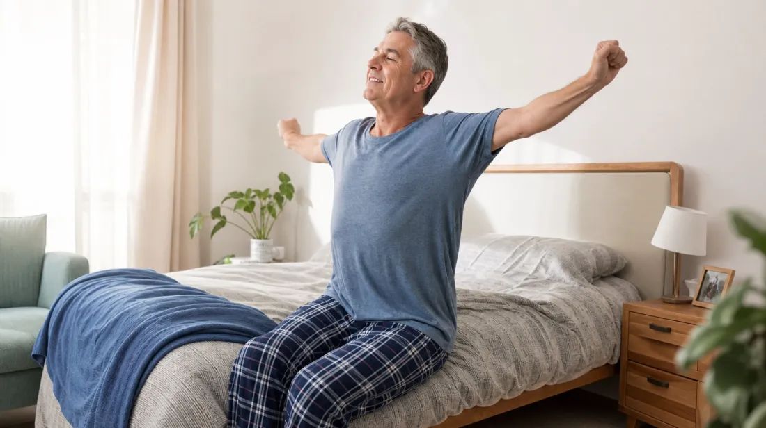 A man stretching on the edge of his bed after a good night's sleep