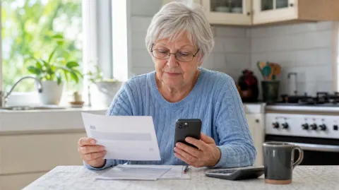 An older woman comparing her phone bill with her smartphone