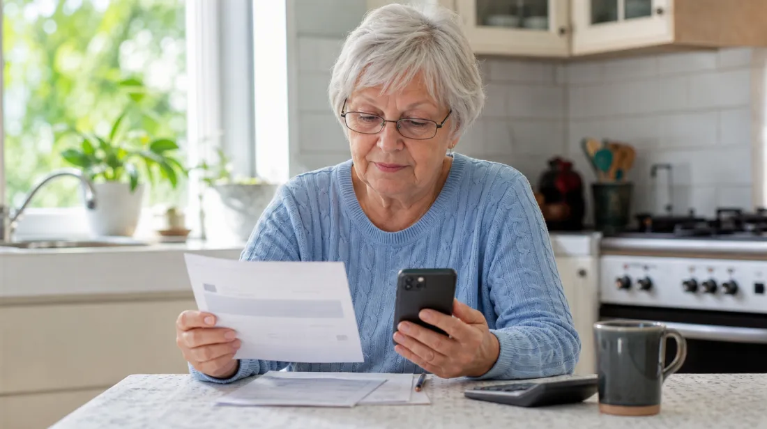 An older woman comparing her phone bill with her smartphone