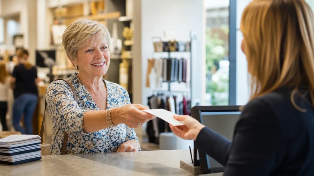 A woman handing a receipt to a clerk at customer service