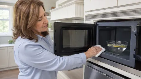 A woman wiping out a microwave with a bowl of lemon water inside