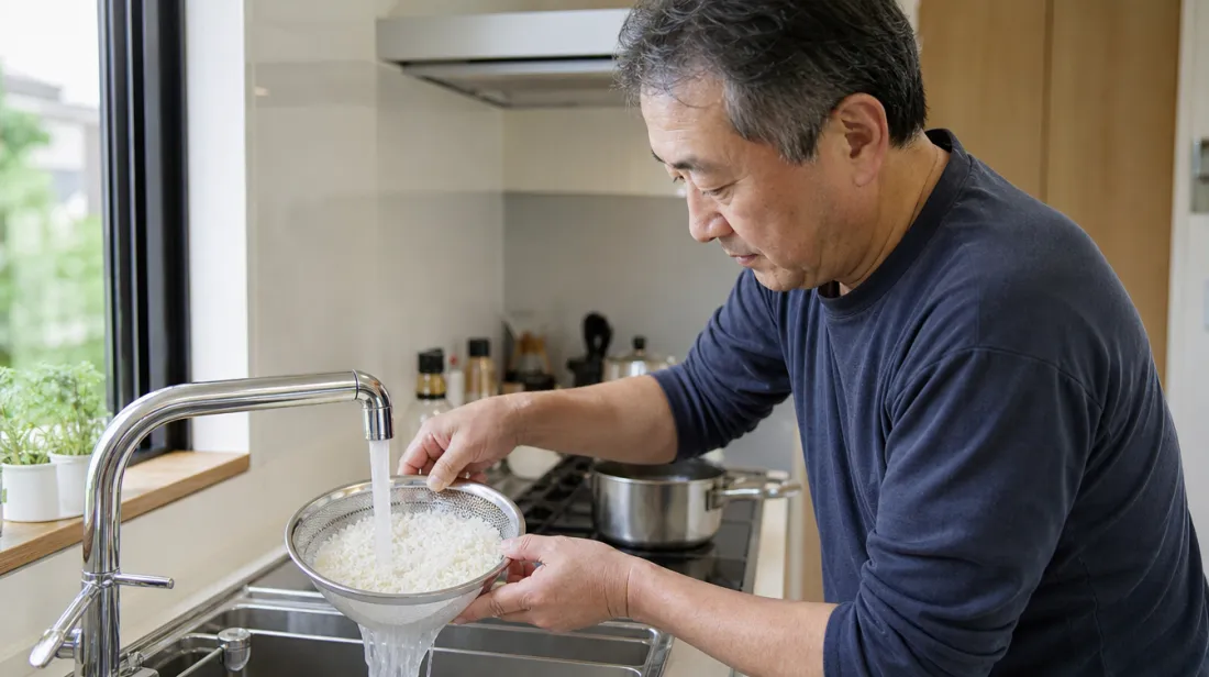A man rinsing rice in a strainer under the faucet