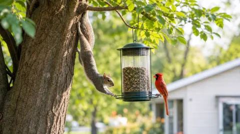 A squirrel hanging from a bird feeder next to a cardinal