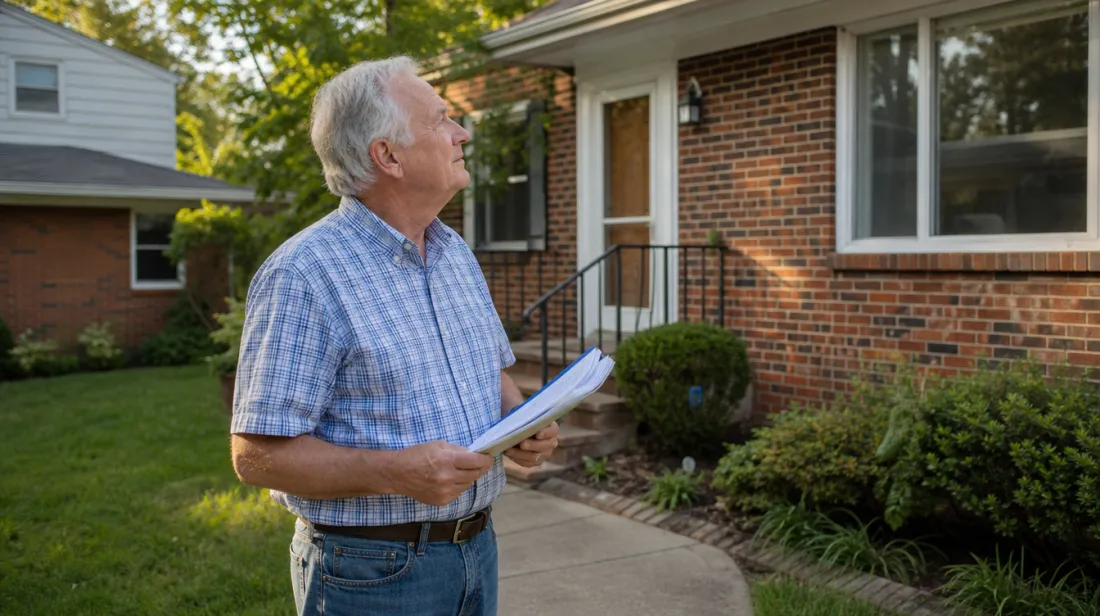 An older man holding paperwork in front of his brick house