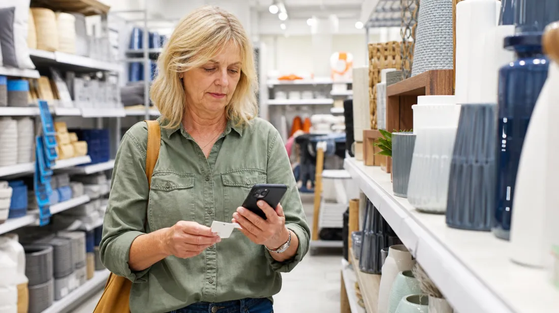 A shopper comparing a sale tag with prices on her phone