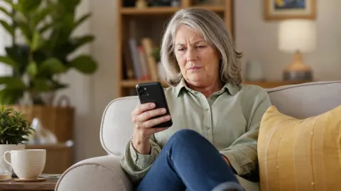 A woman looking at a suspicious text message on her phone