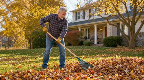 A man raking autumn leaves in his front yard