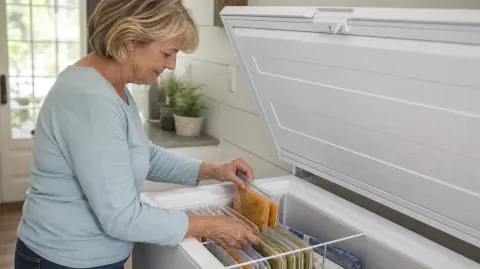 A woman organizing flat bags of soup in a chest freezer