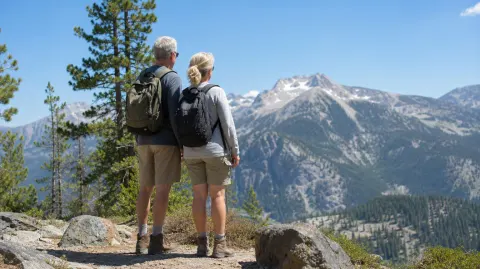 An older couple looking out over mountains in a national park