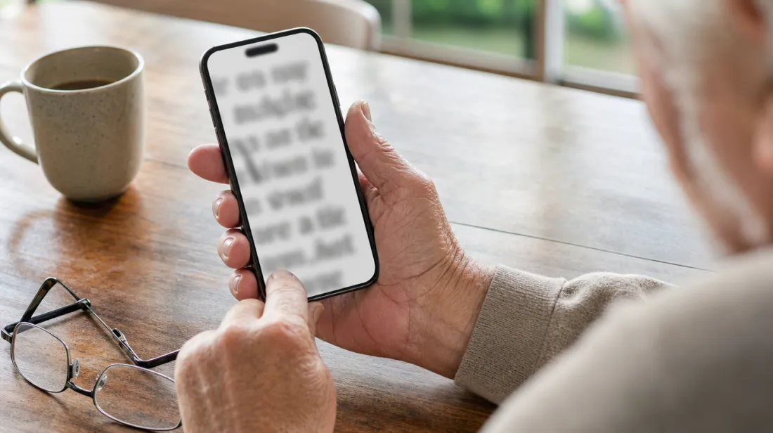 Hands holding a phone with large text on the screen