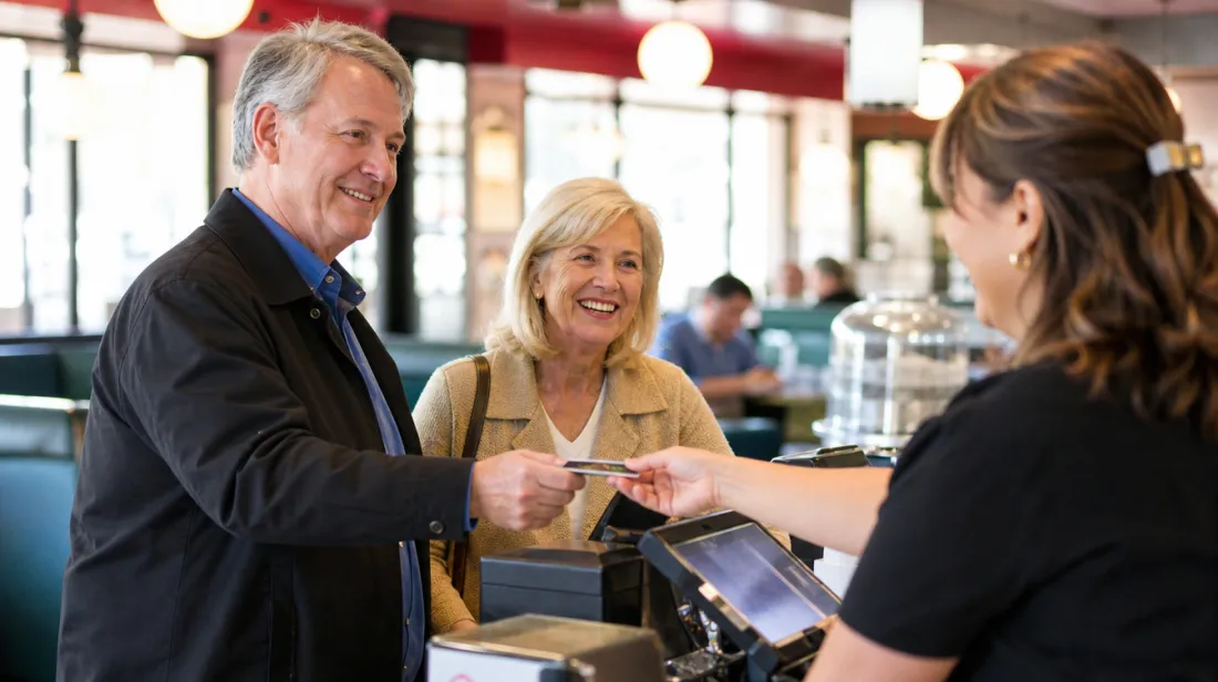 An older couple paying at a diner counter