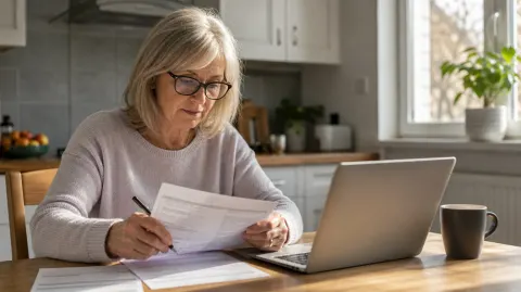 A woman checking her bank statement at the kitchen table