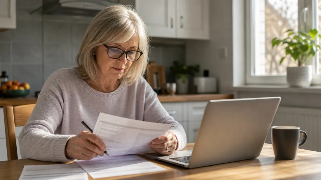A woman checking her bank statement at the kitchen table