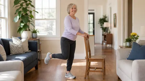 A woman practicing balance on one foot while holding a chair