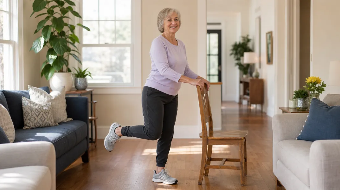 A woman practicing balance on one foot while holding a chair