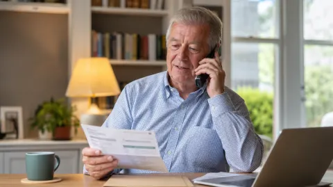 A man on the phone holding a monthly bill at his desk