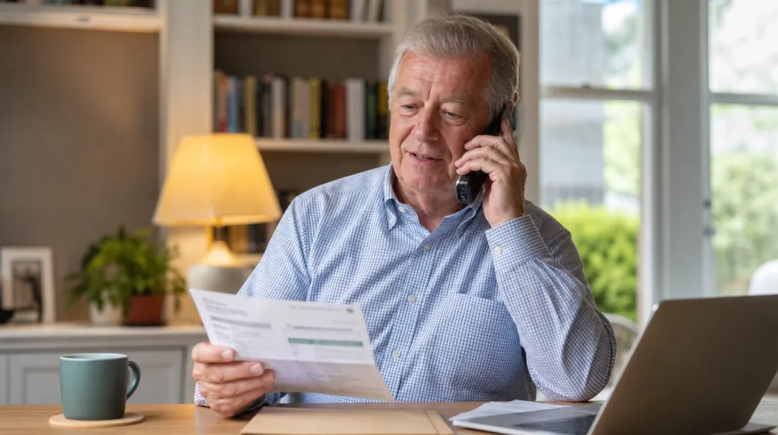 A man on the phone holding a monthly bill at his desk