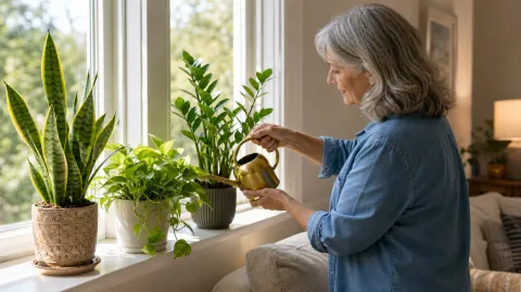A woman watering houseplants on a sunny windowsill