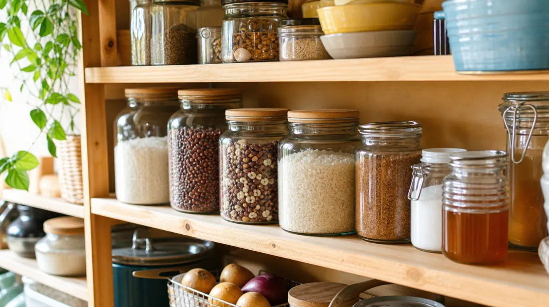 Glass jars of rice, beans, honey, salt and sugar on a pantry shelf