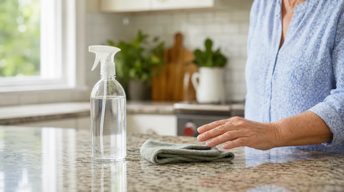 A spray bottle of vinegar on a granite countertop