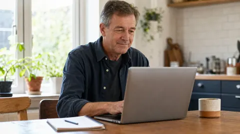 A man typing a question into a laptop at his kitchen table