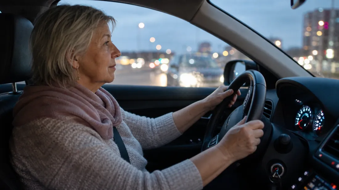 A woman driving at dusk with headlights glowing through the windshield