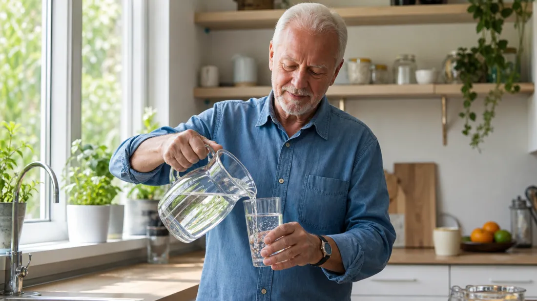 An older man pouring a glass of water in his kitchen