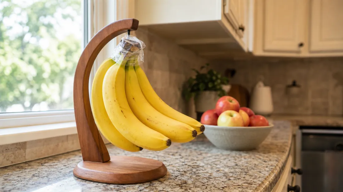 Bananas hanging on a hook with their stems wrapped