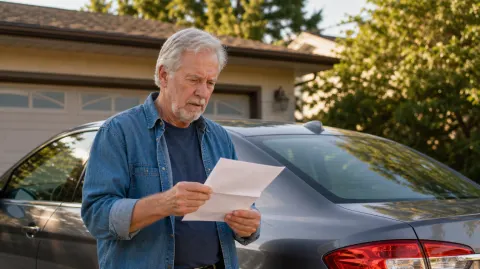 A man reading an insurance letter next to his car