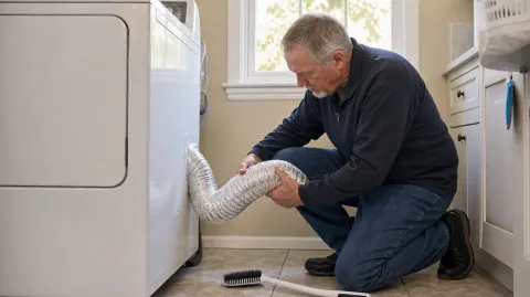 A man checking the vent hose behind his clothes dryer