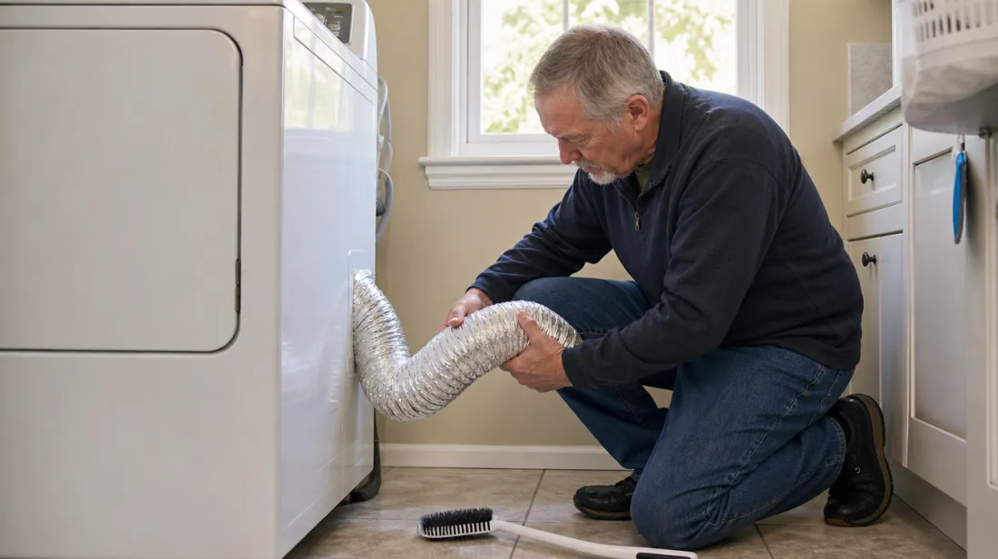 A man checking the vent hose behind his clothes dryer