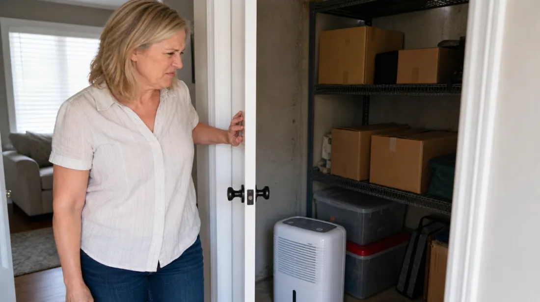 A woman opening a musty basement storage closet
