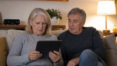 A couple frowning at a slow tablet in the evening