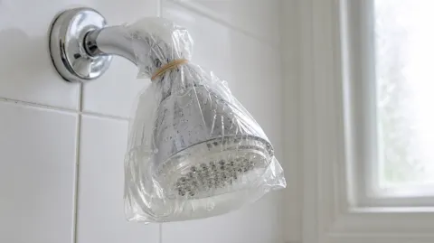 A shower head soaking in a bag of vinegar