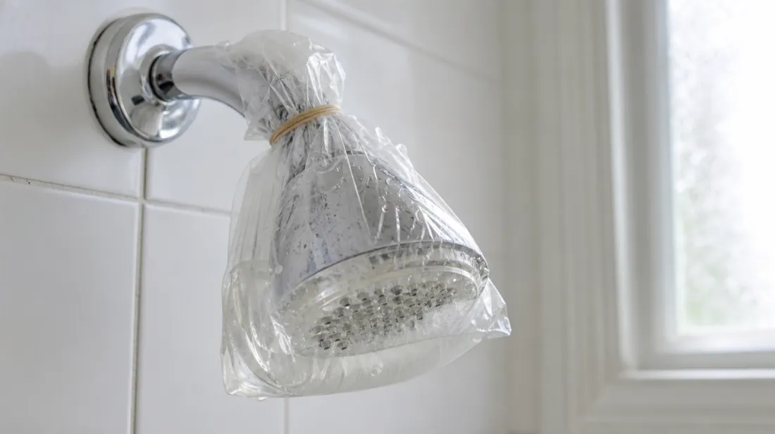 A shower head soaking in a bag of vinegar